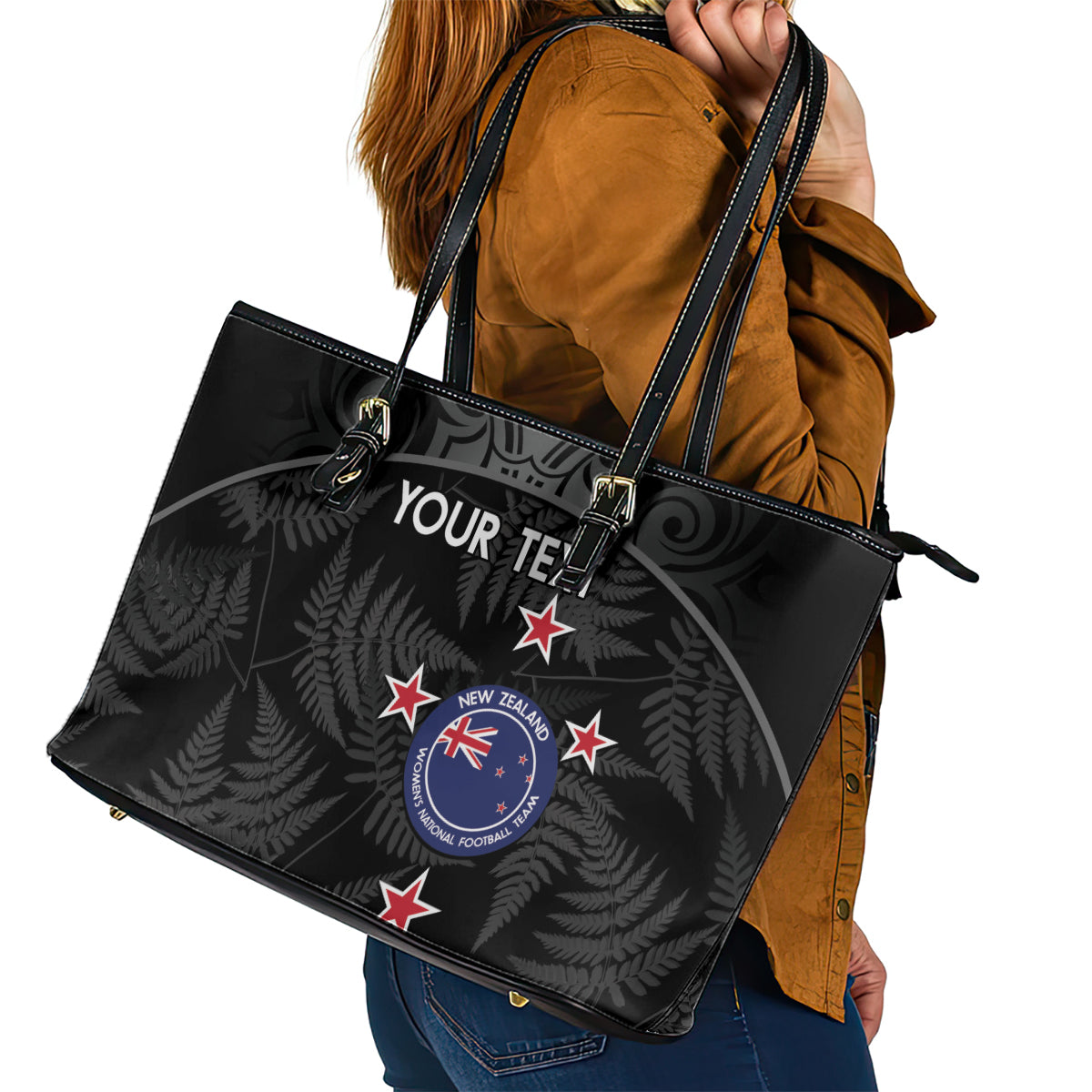 Custom New Zealand Silver Fern Football Leather Tote Bag Summer 2024 Olympic Go Aotearoa LT14 - Polynesian Pride