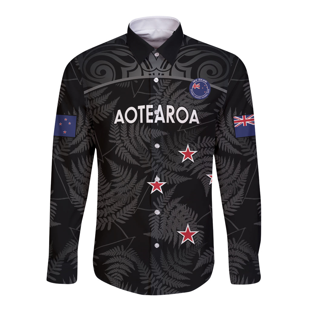 Custom New Zealand Silver Fern Football Long Sleeve Button Shirt Summer 2024 Olympic Go Aotearoa LT14 Unisex Black - Polynesian Pride
