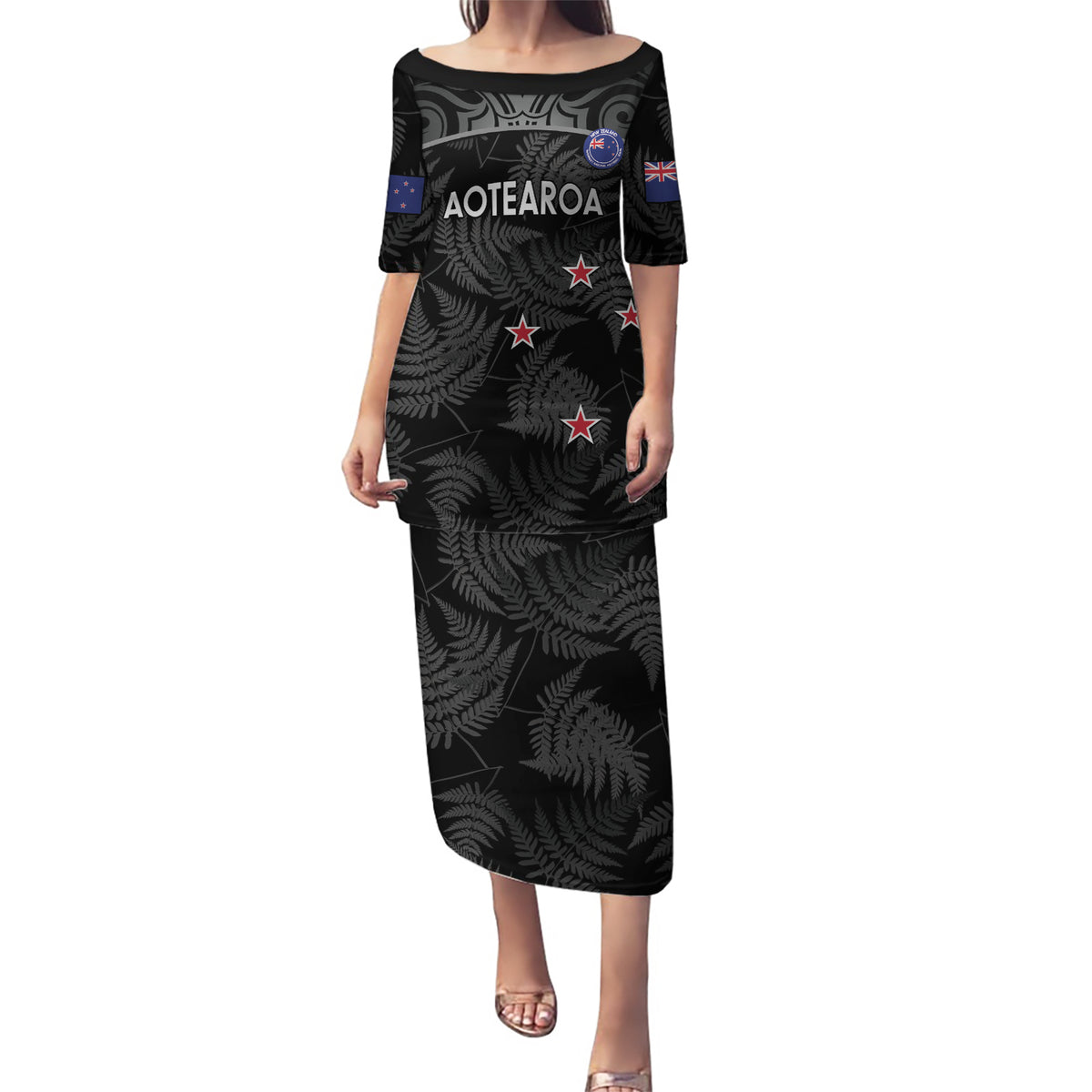 Custom New Zealand Silver Fern Football Puletasi Summer 2024 Olympic Go Aotearoa LT14 Long Dress Black - Polynesian Pride