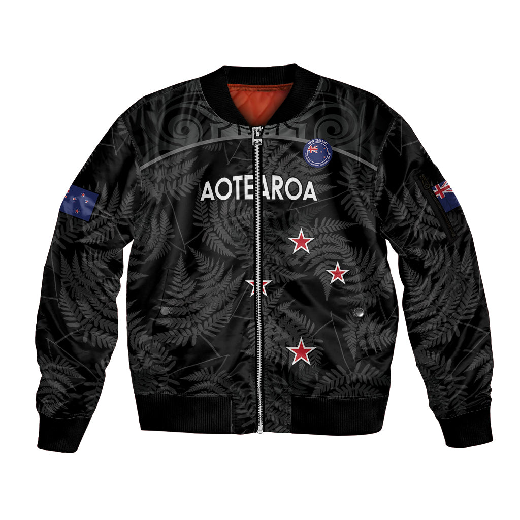 Custom New Zealand Silver Fern Football Sleeve Zip Bomber Jacket Summer 2024 Olympic Go Aotearoa LT14 Unisex Black - Polynesian Pride