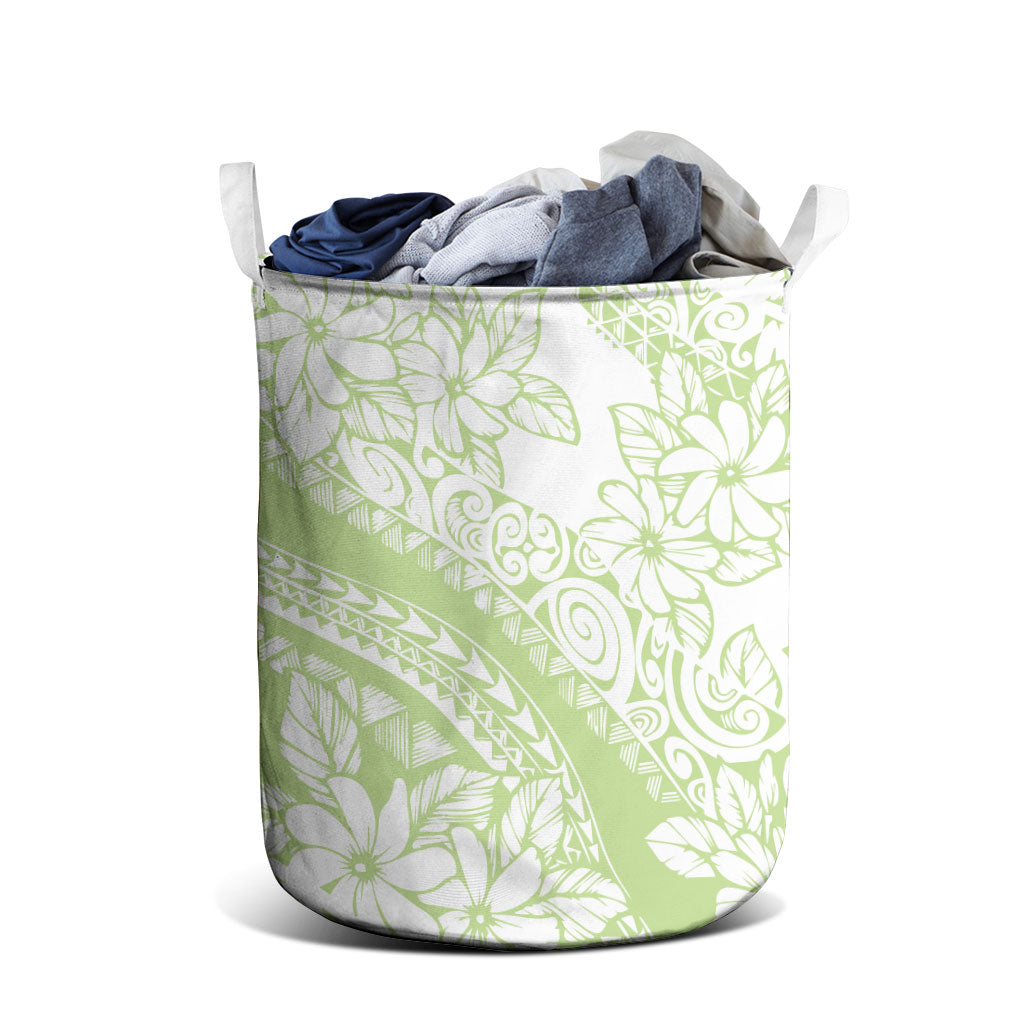 Polynesian Tiare Flower Sage Green Pastel Laundry Basket