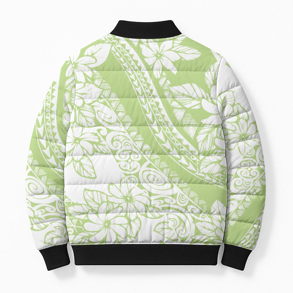 Polynesian Tiare Flower Sage Green Pastel Bomber Puffer Jacket