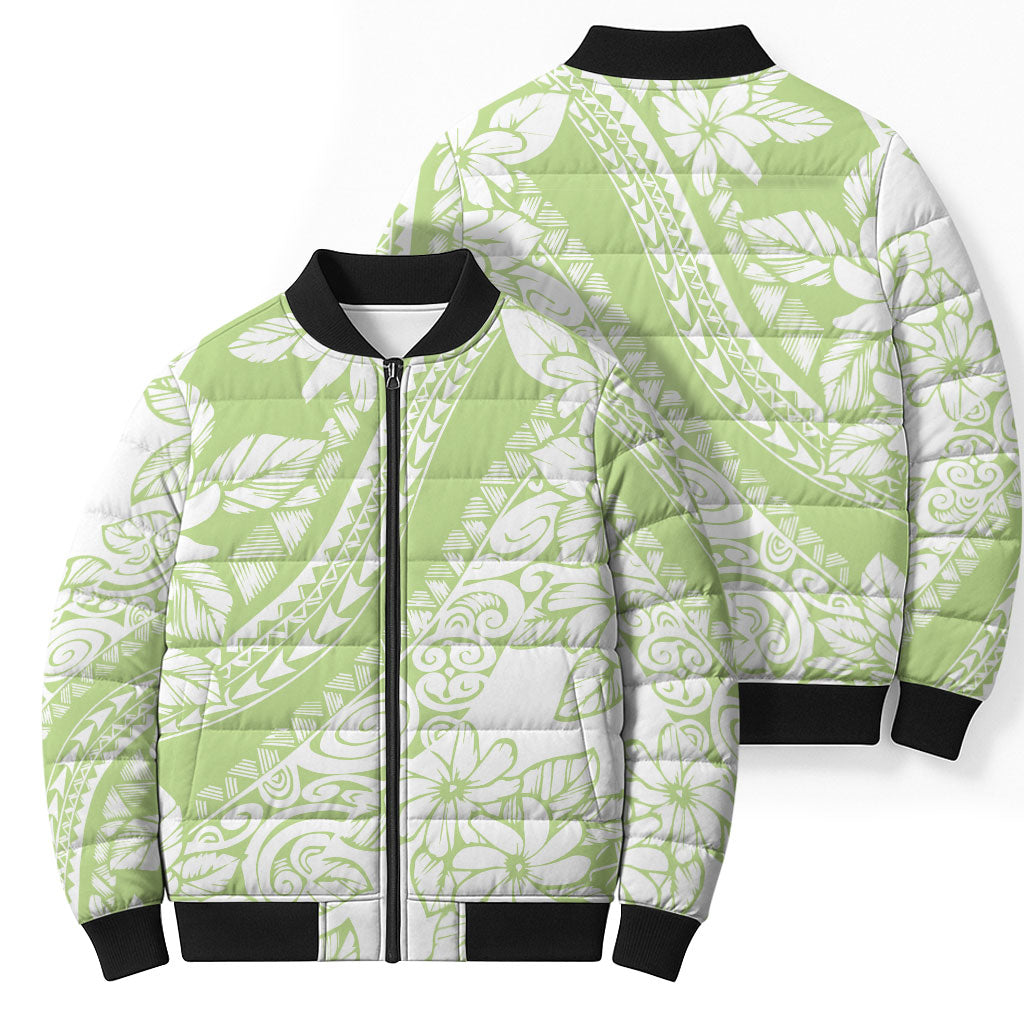 Polynesian Tiare Flower Sage Green Pastel Bomber Puffer Jacket