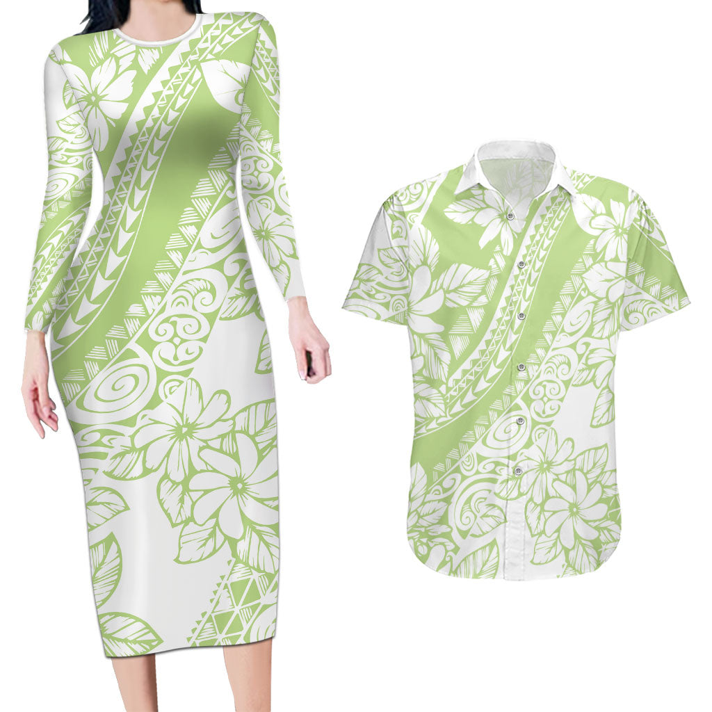 Polynesian Tiare Flower Sage Green Pastel Couples Matching Long Sleeve Bodycon Dress and Hawaiian Shirt LT14 Sage Green - Polynesian Pride
