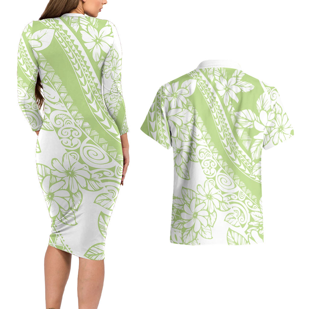 Polynesian Tiare Flower Sage Green Pastel Couples Matching Long Sleeve Bodycon Dress and Hawaiian Shirt LT14 - Polynesian Pride