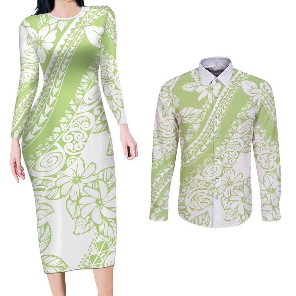 Polynesian Tiare Flower Sage Green Pastel Couples Matching Long Sleeve Bodycon Dress and Long Sleeve Button Shirt LT14 Sage Green - Polynesian Pride