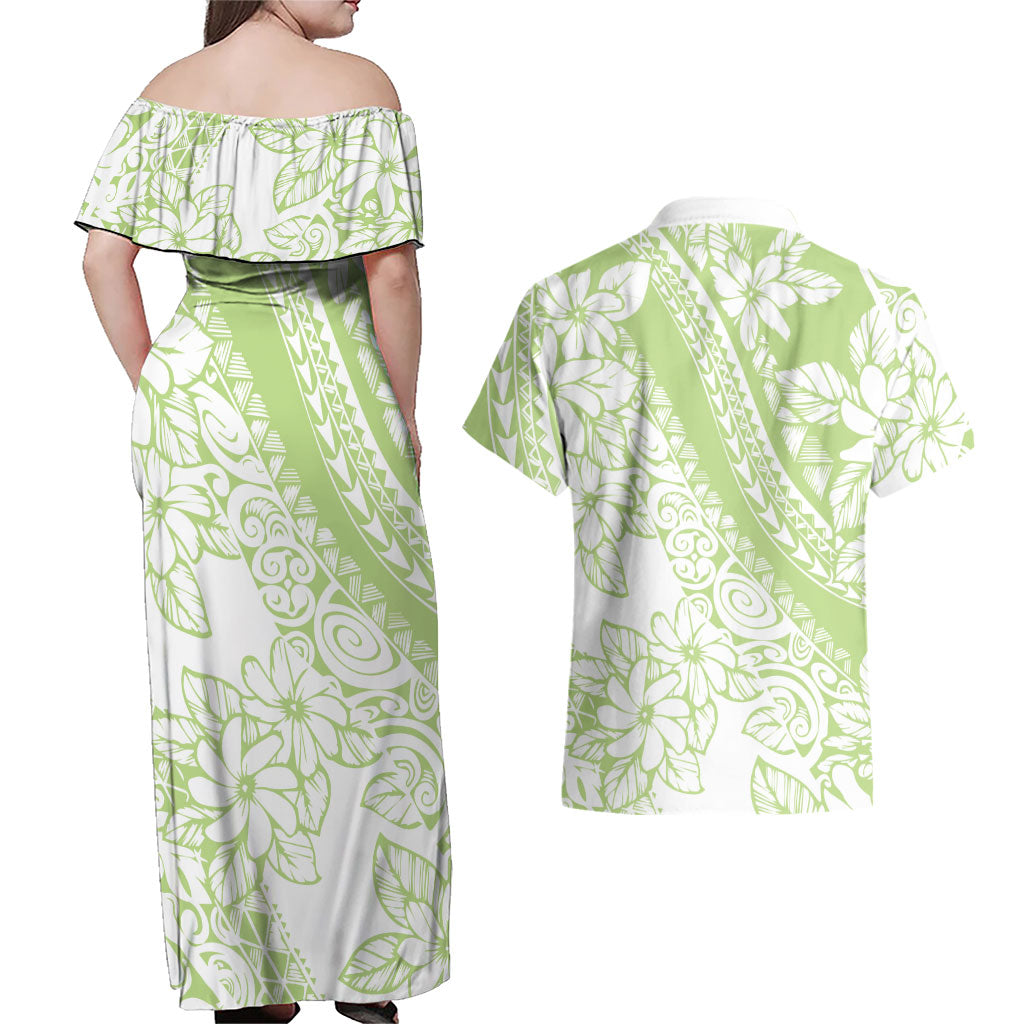 Polynesian Tiare Flower Sage Green Pastel Couples Matching Off Shoulder Maxi Dress and Hawaiian Shirt