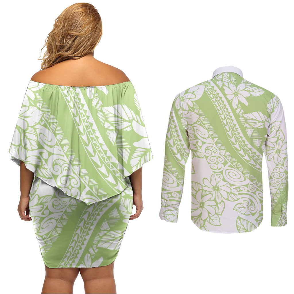 Polynesian Tiare Flower Sage Green Pastel Couples Matching Off Shoulder Short Dress and Long Sleeve Button Shirt