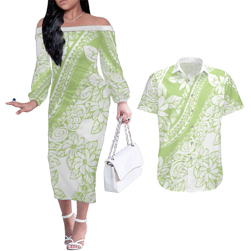Polynesian Tiare Flower Sage Green Pastel Couples Matching Off The Shoulder Long Sleeve Dress and Hawaiian Shirt LT14 Sage Green - Polynesian Pride