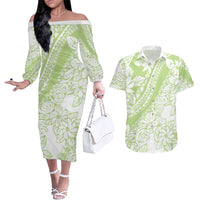 Polynesian Tiare Flower Sage Green Pastel Couples Matching Off The Shoulder Long Sleeve Dress and Hawaiian Shirt LT14 Sage Green - Polynesian Pride