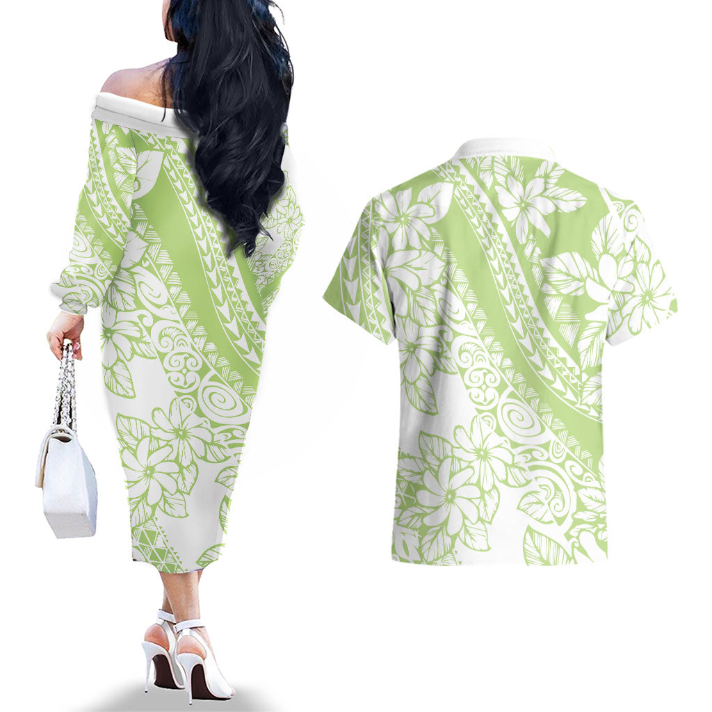 Polynesian Tiare Flower Sage Green Pastel Couples Matching Off The Shoulder Long Sleeve Dress and Hawaiian Shirt LT14 - Polynesian Pride