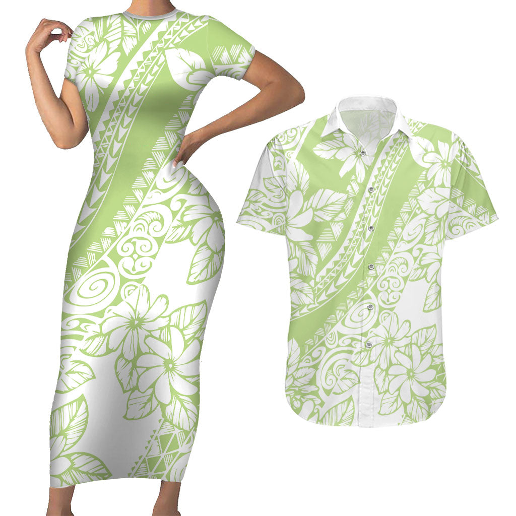 Polynesian Tiare Flower Sage Green Pastel Couples Matching Short Sleeve Bodycon Dress and Hawaiian Shirt LT14 Sage Green - Polynesian Pride