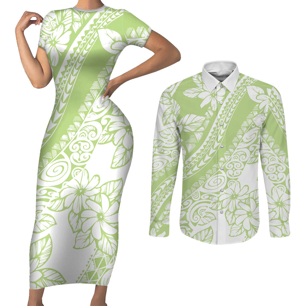 Polynesian Tiare Flower Sage Green Pastel Couples Matching Short Sleeve Bodycon Dress and Long Sleeve Button Shirt LT14 Sage Green - Polynesian Pride