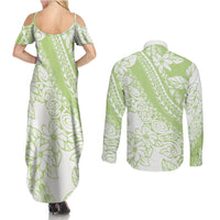 Polynesian Tiare Flower Sage Green Pastel Couples Matching Summer Maxi Dress and Long Sleeve Button Shirt
