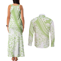Polynesian Tiare Flower Sage Green Pastel Couples Matching Tank Maxi Dress and Long Sleeve Button Shirt
