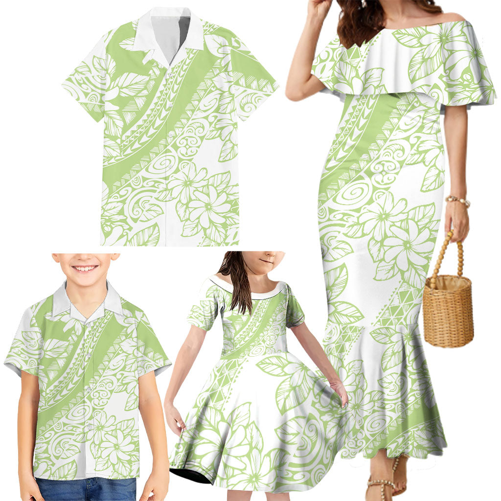 Polynesian Tiare Flower Sage Green Pastel Family Matching Mermaid Dress and Hawaiian Shirt