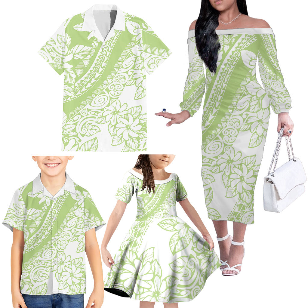 Polynesian Tiare Flower Sage Green Pastel Family Matching Off The Shoulder Long Sleeve Dress and Hawaiian Shirt