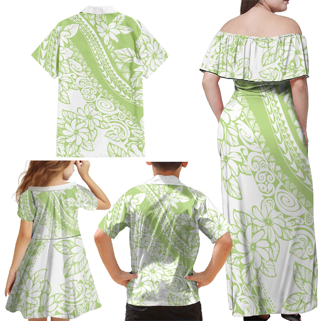 Polynesian Tiare Flower Sage Green Pastel Family Matching Off Shoulder Maxi Dress and Hawaiian Shirt LT14 - Polynesian Pride