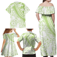 Polynesian Tiare Flower Sage Green Pastel Family Matching Off Shoulder Maxi Dress and Hawaiian Shirt LT14 - Polynesian Pride