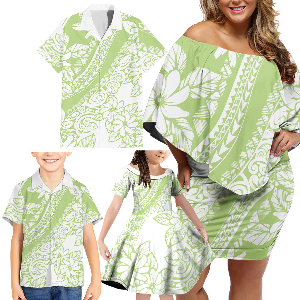 Polynesian Tiare Flower Sage Green Pastel Family Matching Off Shoulder Short Dress and Hawaiian Shirt LT14 - Polynesian Pride