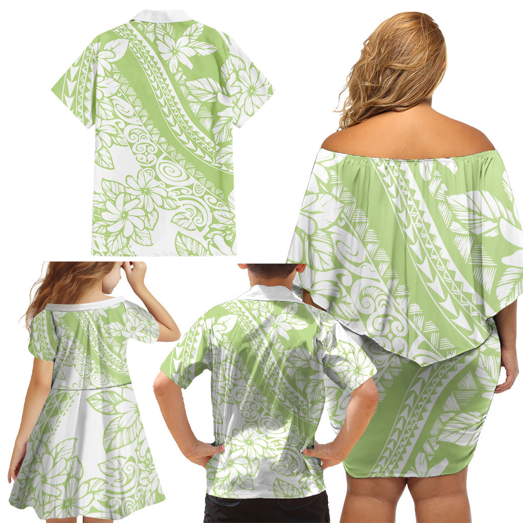 Polynesian Tiare Flower Sage Green Pastel Family Matching Off Shoulder Short Dress and Hawaiian Shirt LT14 - Polynesian Pride