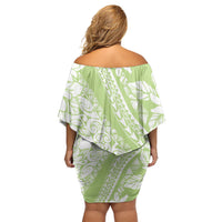 Polynesian Tiare Flower Sage Green Pastel Family Matching Off Shoulder Short Dress and Hawaiian Shirt LT14 - Polynesian Pride