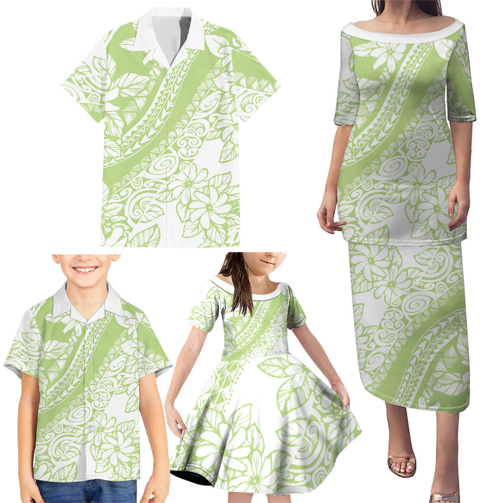 Polynesian Tiare Flower Sage Green Pastel Family Matching Puletasi and Hawaiian Shirt LT14 - Polynesian Pride