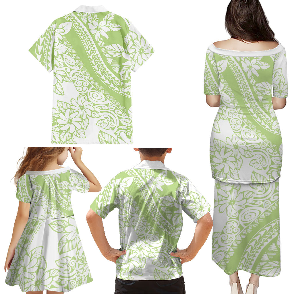 Polynesian Tiare Flower Sage Green Pastel Family Matching Puletasi and Hawaiian Shirt LT14 - Polynesian Pride