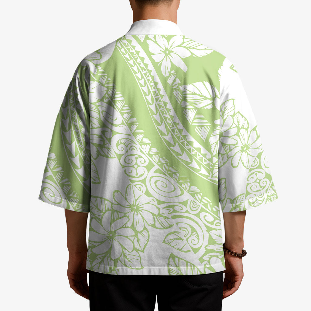Polynesian Tiare Flower Sage Green Pastel Kimono
