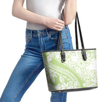 Polynesian Tiare Flower Sage Green Pastel Leather Tote Bag LT14 - Polynesian Pride