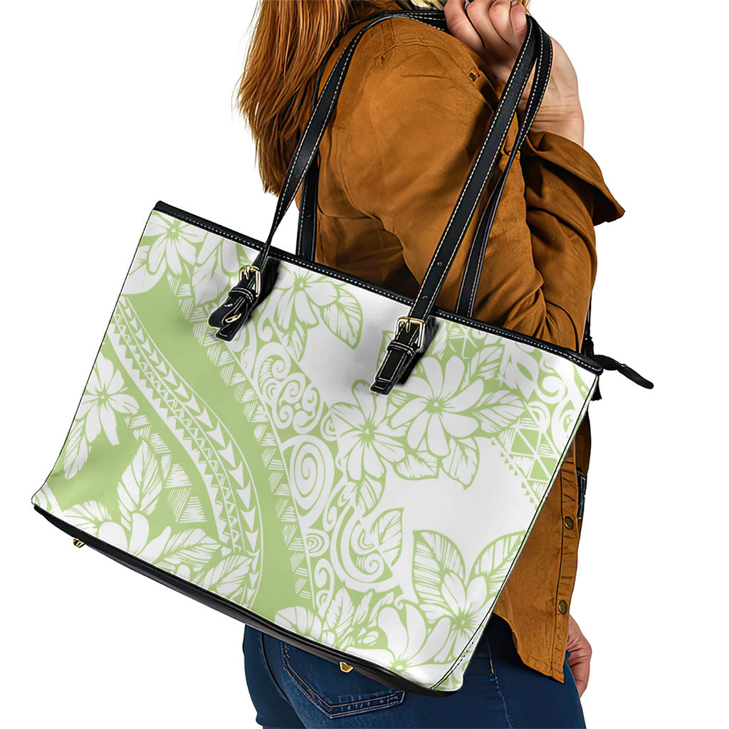 Polynesian Tiare Flower Sage Green Pastel Leather Tote Bag LT14 - Polynesian Pride
