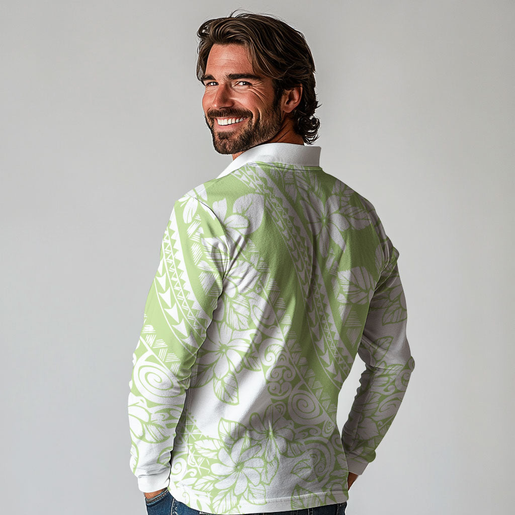 Polynesian Tiare Flower Sage Green Pastel Long Sleeve Polo Shirt