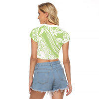 Polynesian Tiare Flower Sage Green Pastel Raglan Cropped T Shirt
