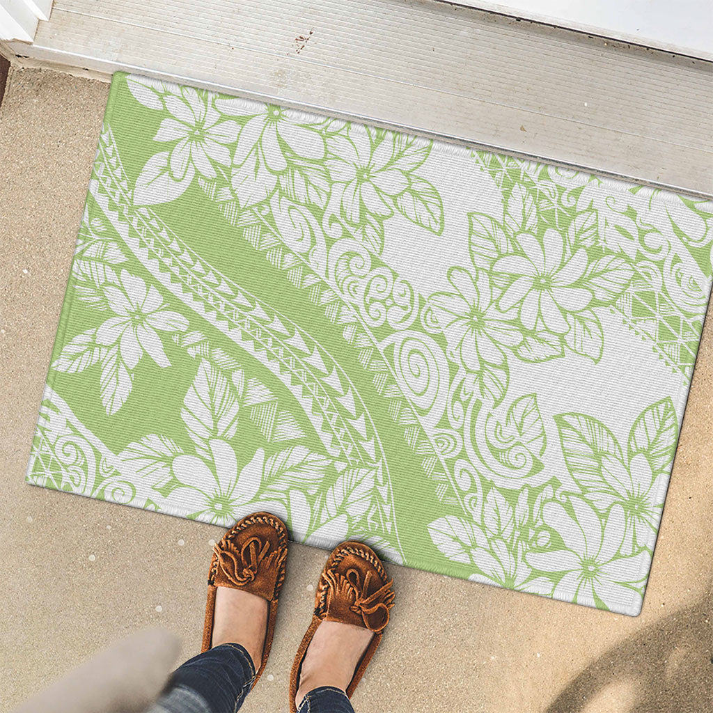 Polynesian Tiare Flower Sage Green Pastel Rubber Doormat