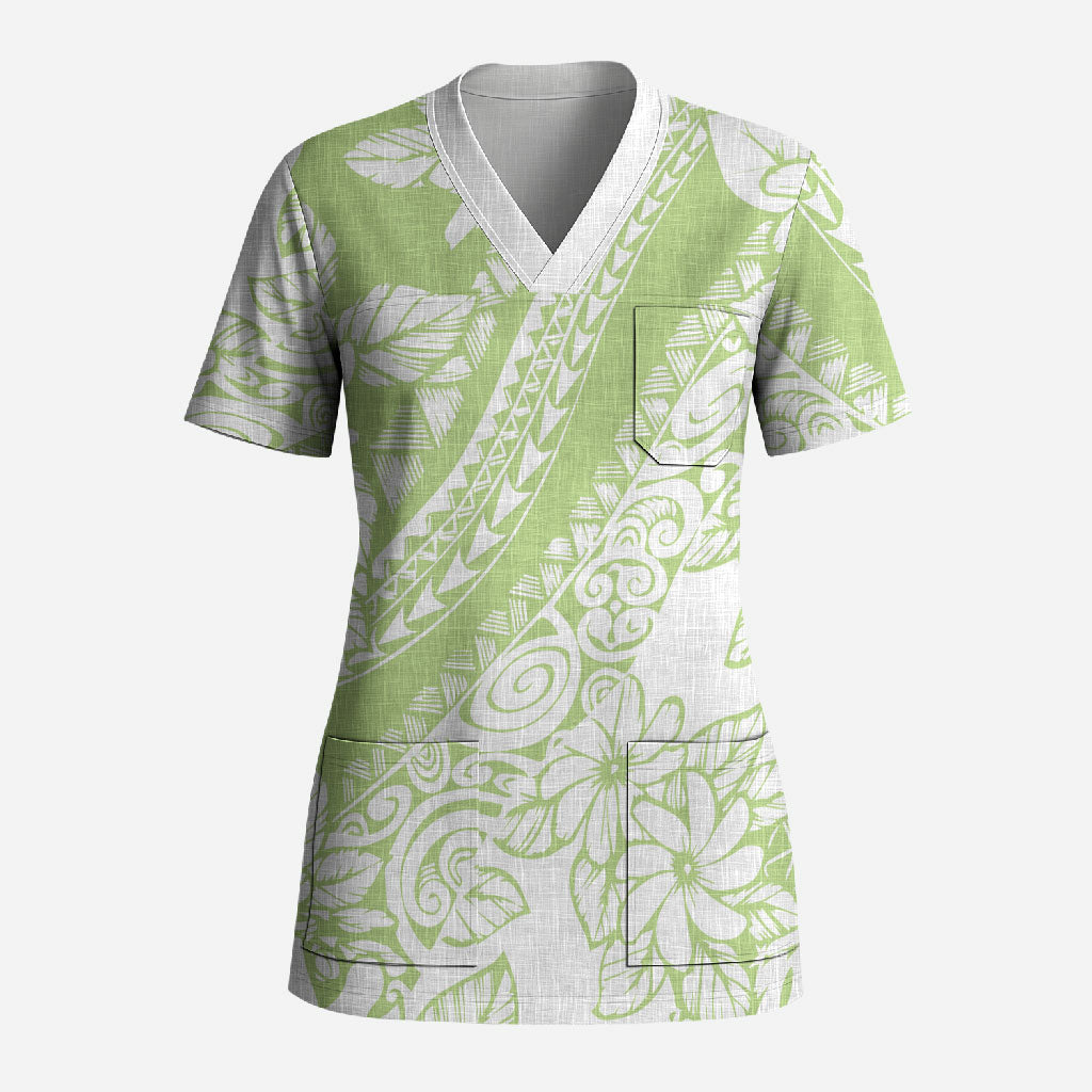 Polynesian Tiare Flower Sage Green Pastel Scrub Top