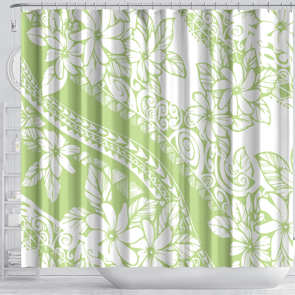 Polynesian Tiare Flower Sage Green Pastel Shower Curtain
