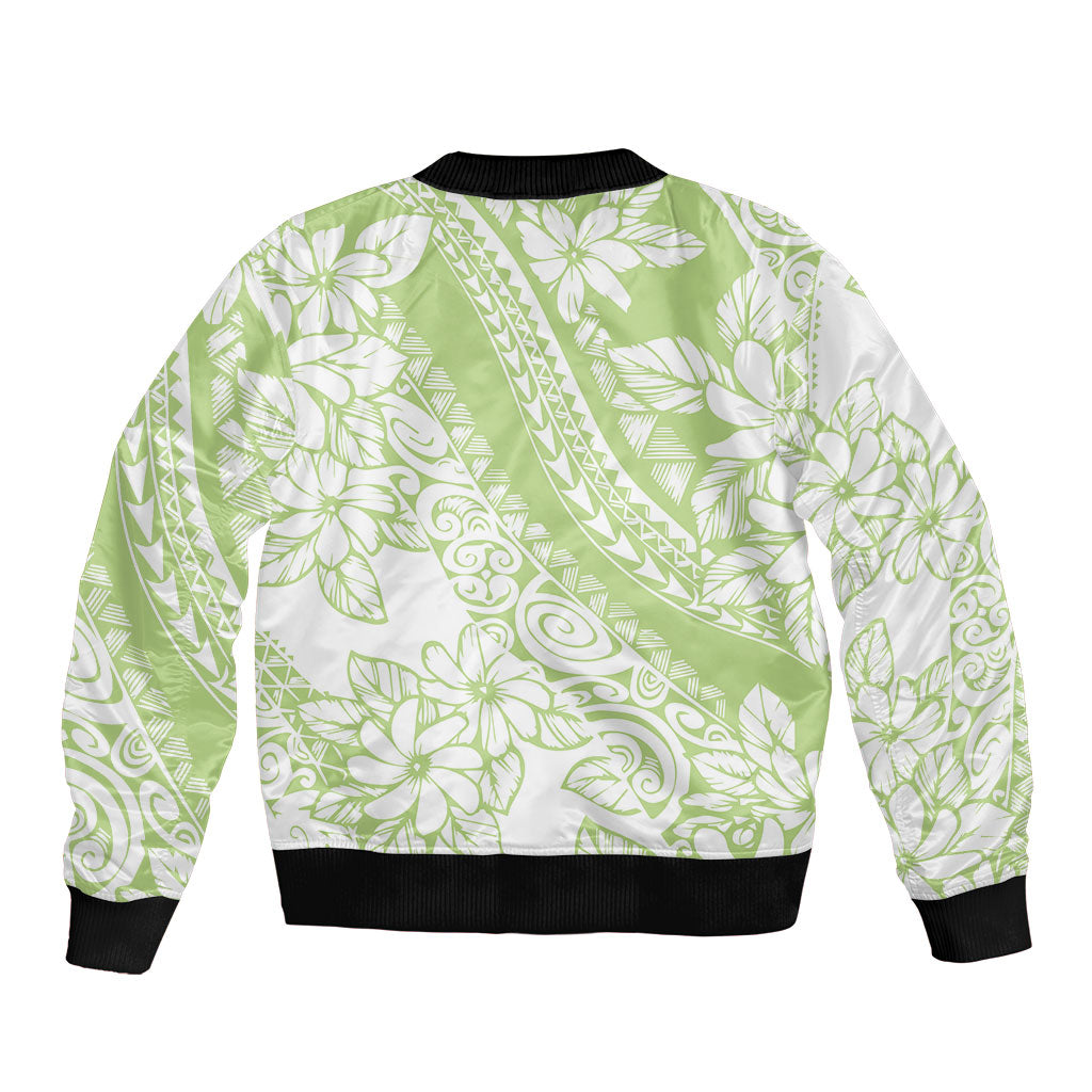Polynesian Tiare Flower Sage Green Pastel Sleeve Zip Bomber Jacket