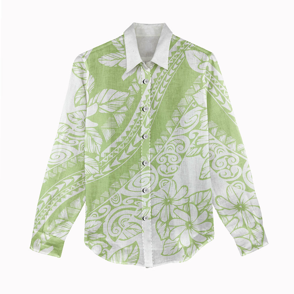 Polynesian Tiare Flower Sage Green Pastel Women Casual Shirt LT14 - Polynesian Pride