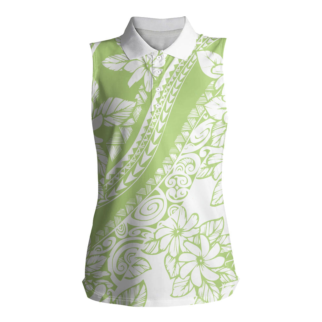 Polynesian Tiare Flower Sage Green Pastel Women Sleeveless Polo Shirt