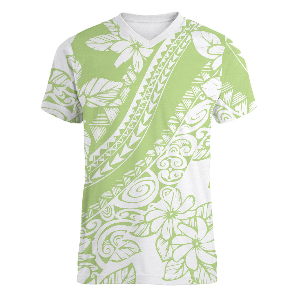 Polynesian Tiare Flower Sage Green Pastel Women V-Neck T-Shirt