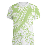 Polynesian Tiare Flower Sage Green Pastel Women V-Neck T-Shirt