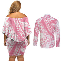 Polynesian Tiare Flower Pink Pastel Vibes Couples Matching Off Shoulder Short Dress and Long Sleeve Button Shirt