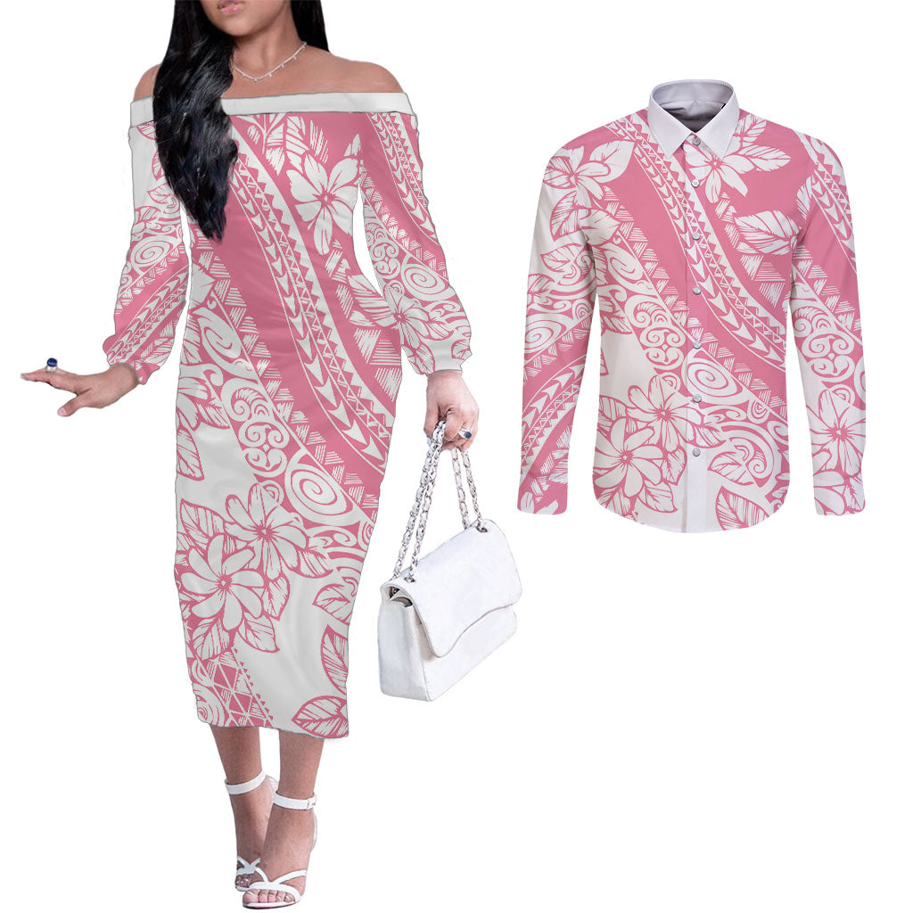 Polynesian Tiare Flower Pink Pastel Vibes Couples Matching Off The Shoulder Long Sleeve Dress and Long Sleeve Button Shirt LT14 Pink - Polynesian Pride