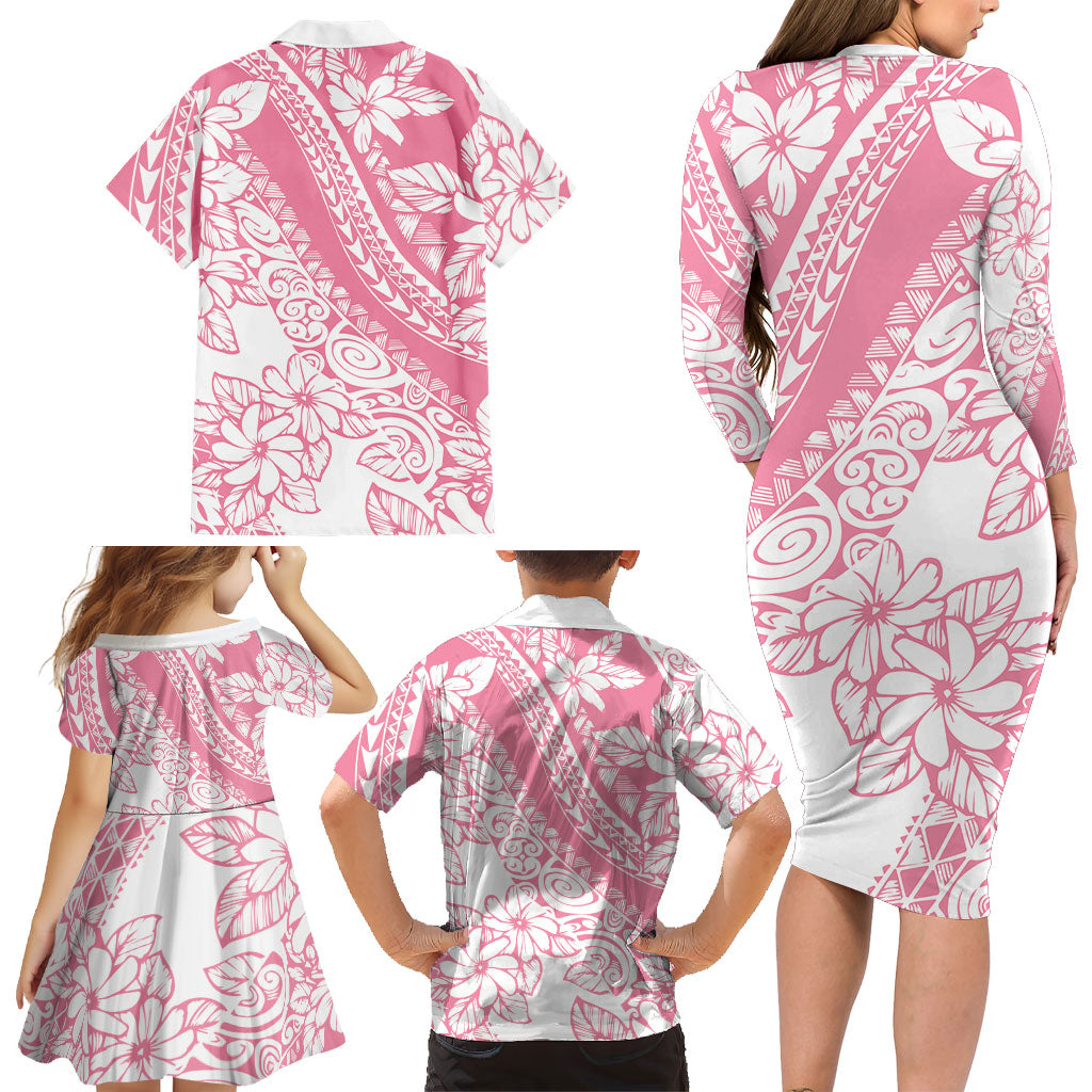Polynesian Tiare Flower Pink Pastel Vibes Family Matching Long Sleeve Bodycon Dress and Hawaiian Shirt LT14 - Polynesian Pride