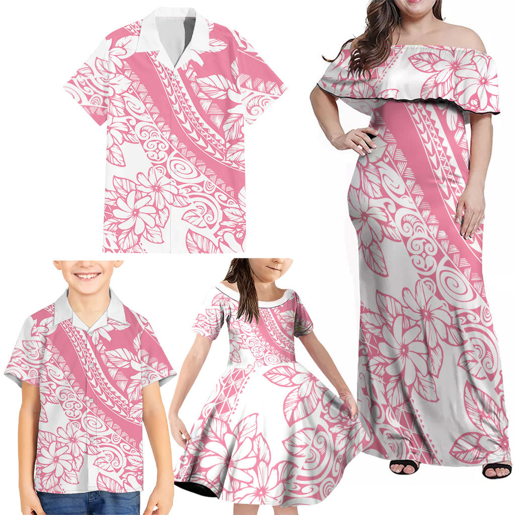 Polynesian Tiare Flower Pink Pastel Vibes Family Matching Off Shoulder Maxi Dress and Hawaiian Shirt LT14 - Polynesian Pride