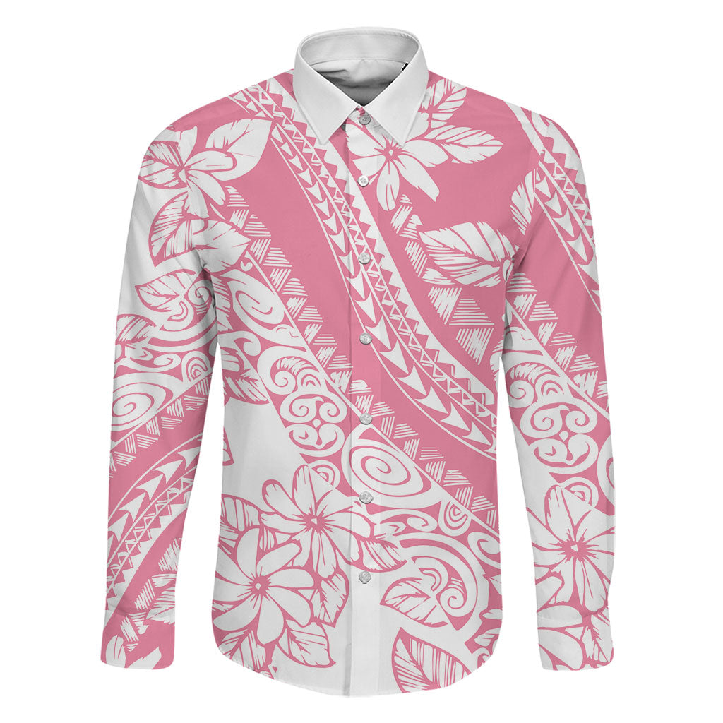 Polynesian Tiare Flower Pink Pastel Vibes Family Matching Short Sleeve Bodycon Dress and Hawaiian Shirt LT14 Dad's Shirt - Long Sleeve Pink - Polynesian Pride