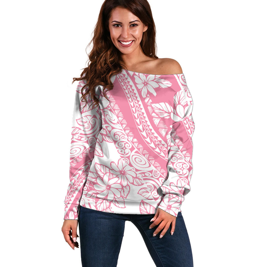 Polynesian Tiare Flower Pink Pastel Vibes Off Shoulder Sweater