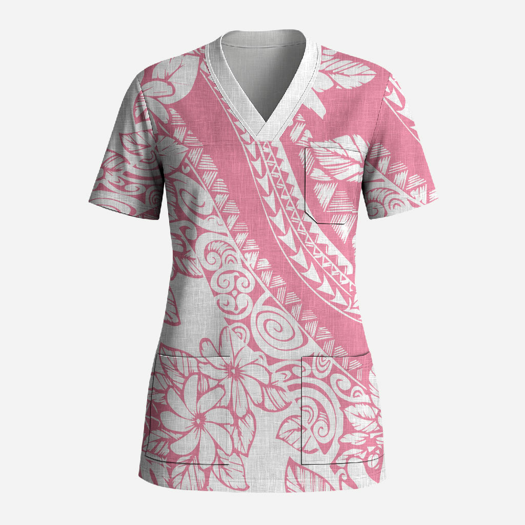 Polynesian Tiare Flower Pink Pastel Vibes Scrub Top