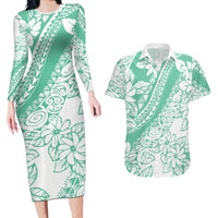 Polynesian Tiare Flower Cyan Pastel Vibes Couples Matching Long Sleeve Bodycon Dress and Hawaiian Shirt LT14 Cyan - Polynesian Pride