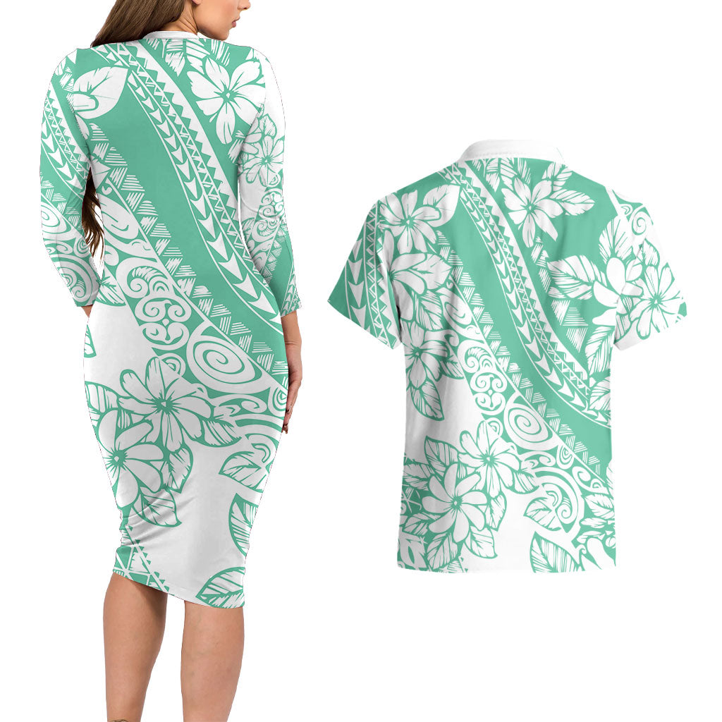 Polynesian Tiare Flower Cyan Pastel Vibes Couples Matching Long Sleeve Bodycon Dress and Hawaiian Shirt LT14 - Polynesian Pride